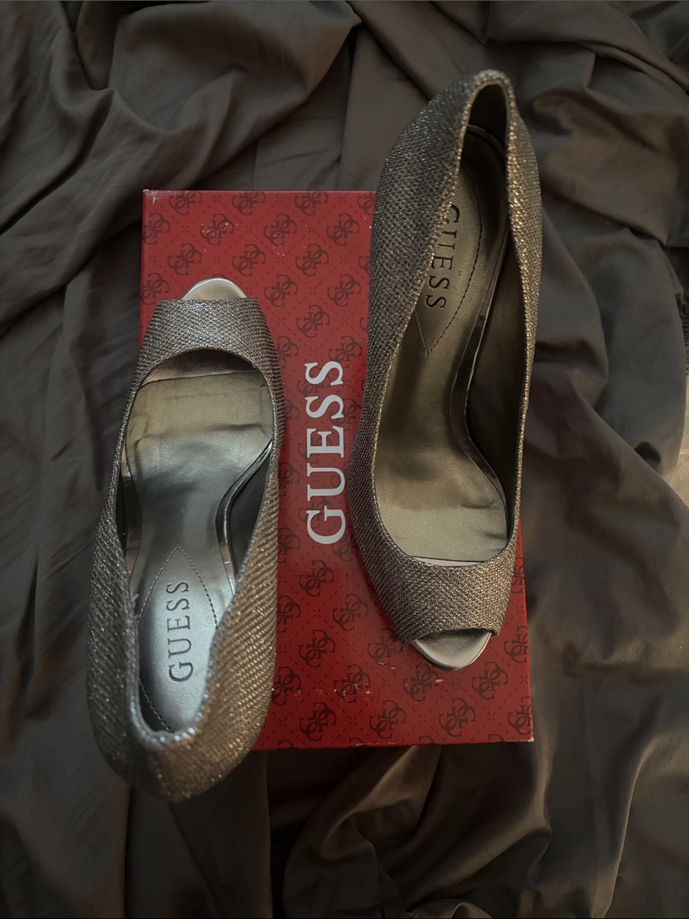GUESS Metallic Bronze Peep-Toe Heels